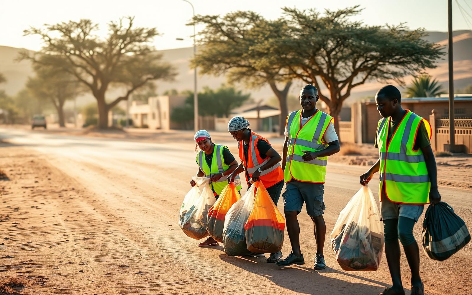 Namibian volunteers in reflective vests collecting litter on a sandy street